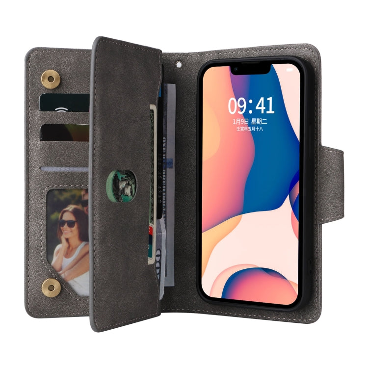 For iPhone 14 Plus Rivet Buckle 9 Cards Three Fold Leather Phone Case