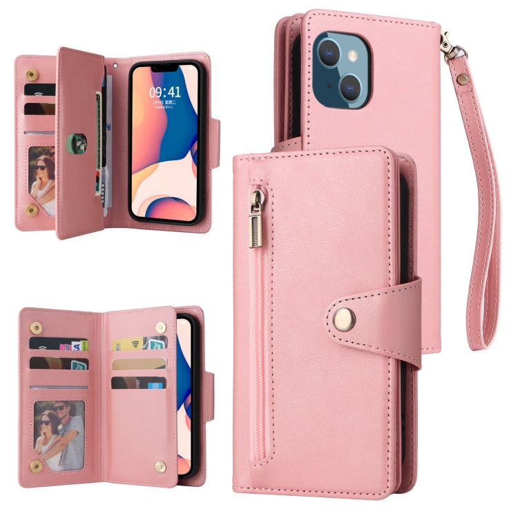 For iPhone 14 Plus Rivet Buckle 9 Cards Three Fold Leather Phone Case