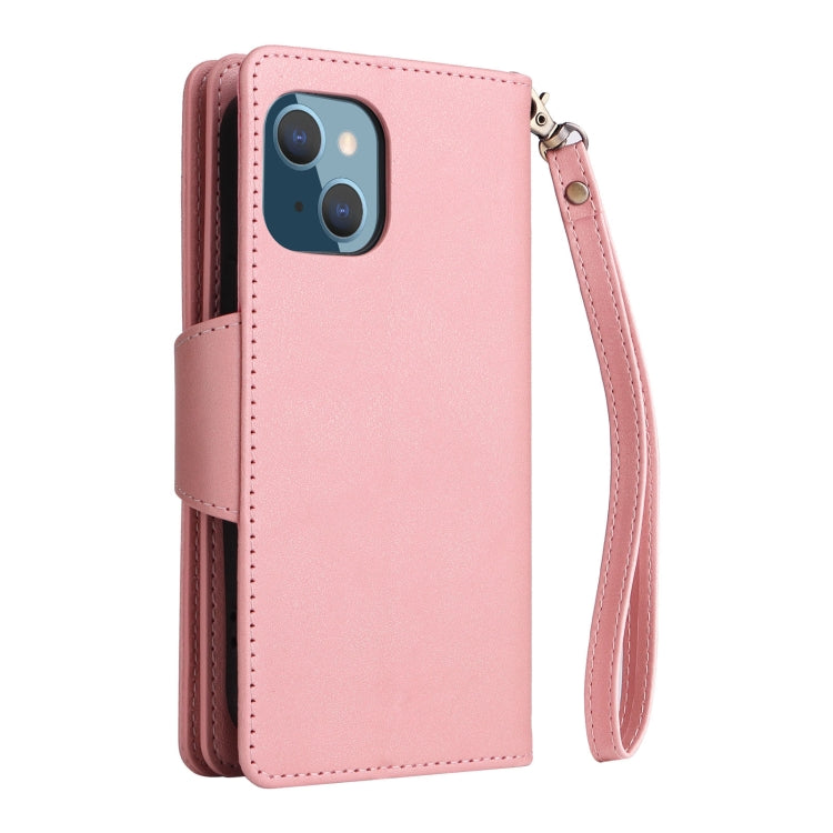 For iPhone 14 Plus Rivet Buckle 9 Cards Three Fold Leather Phone Case