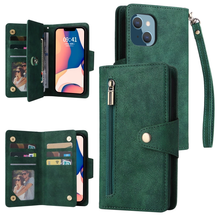 For iPhone 14 Plus Rivet Buckle 9 Cards Three Fold Leather Phone Case