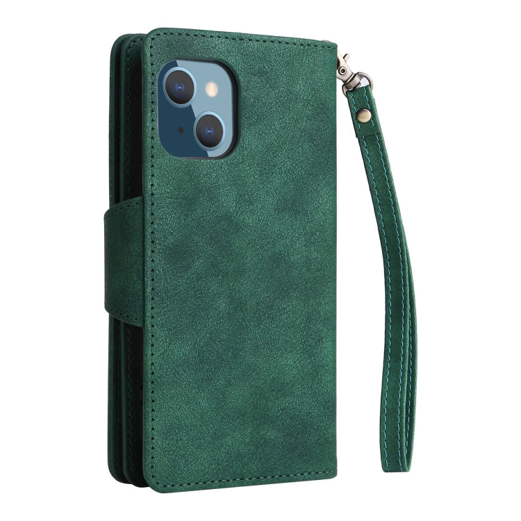 For iPhone 14 Plus Rivet Buckle 9 Cards Three Fold Leather Phone Case