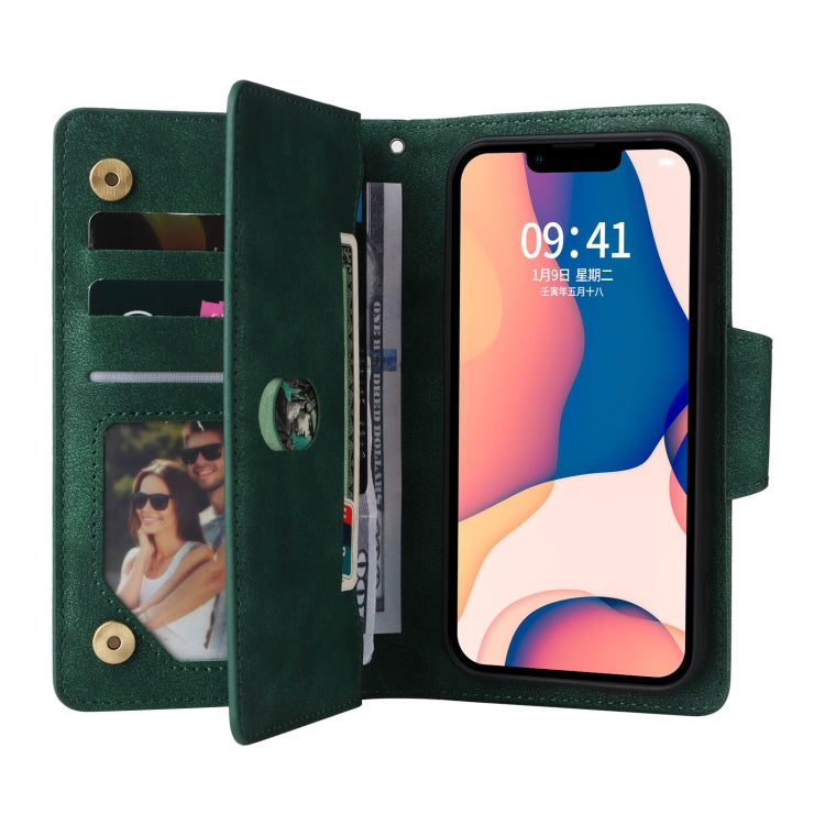 For iPhone 14 Plus Rivet Buckle 9 Cards Three Fold Leather Phone Case
