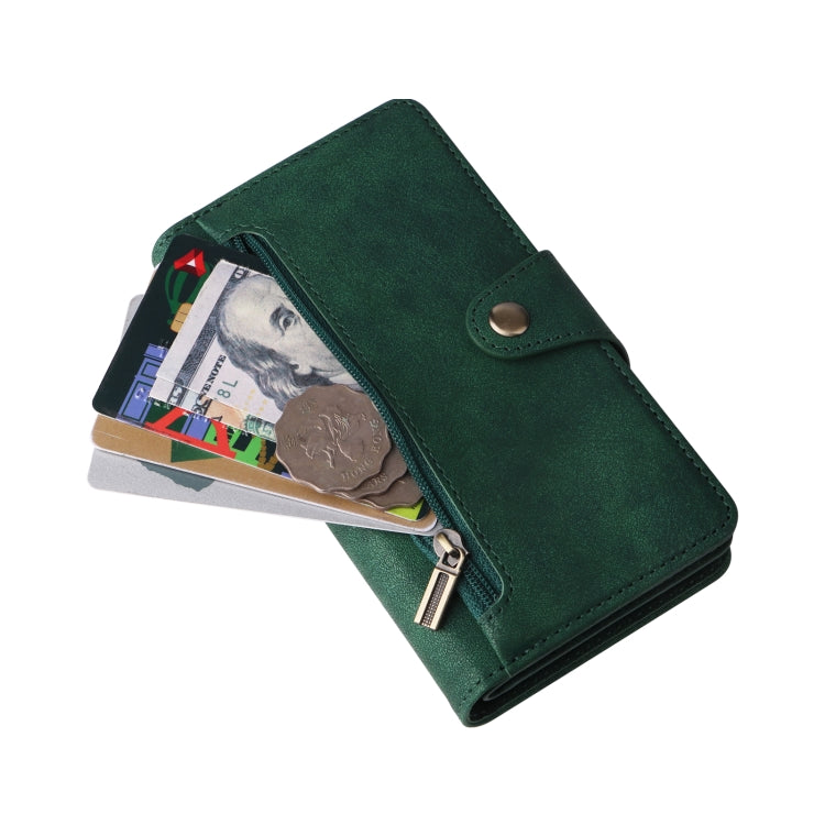 For iPhone 14 Plus Rivet Buckle 9 Cards Three Fold Leather Phone Case