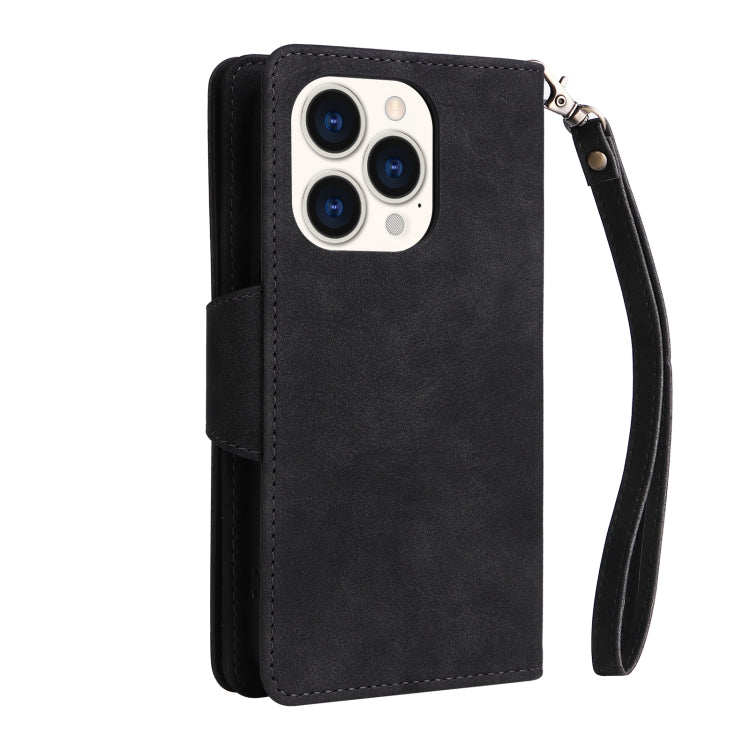 For iPhone 14 Pro Rivet Buckle 9 Cards Three Fold Leather Phone Case