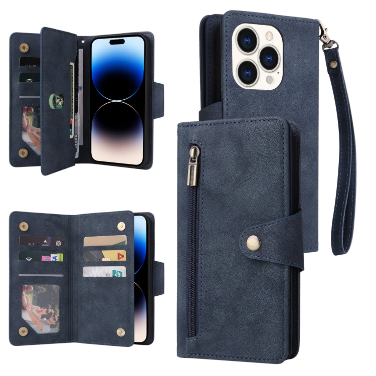 For iPhone 14 Pro Rivet Buckle 9 Cards Three Fold Leather Phone Case