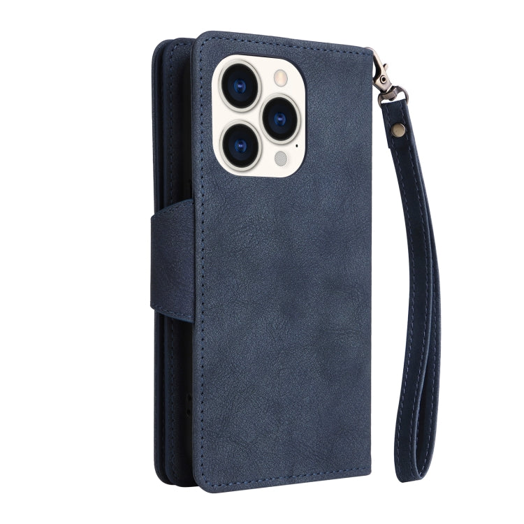 For iPhone 14 Pro Rivet Buckle 9 Cards Three Fold Leather Phone Case