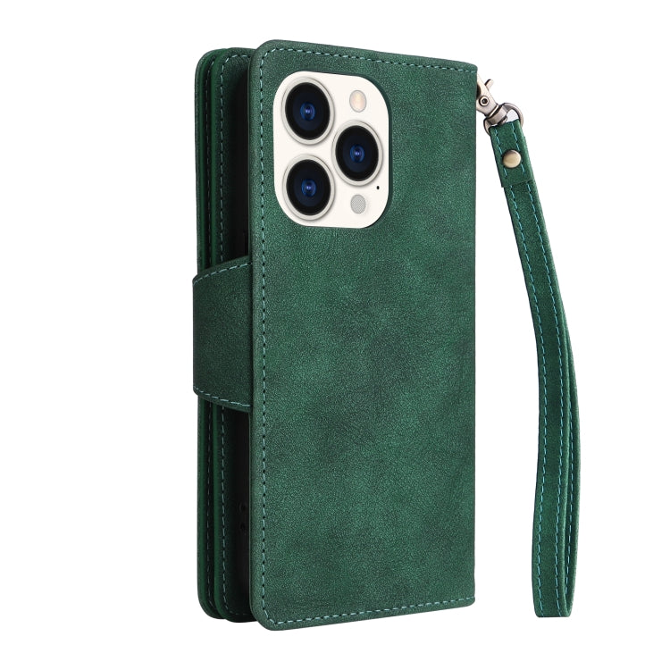 For iPhone 14 Pro Rivet Buckle 9 Cards Three Fold Leather Phone Case