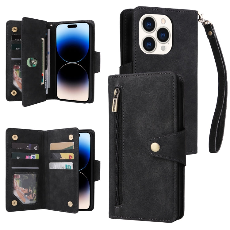 For iPhone 14 Pro Max Rivet Buckle 9 Cards Three Fold Leather Phone Case