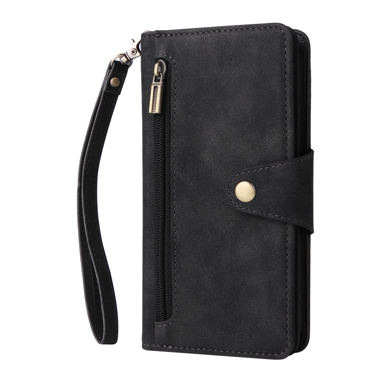 For iPhone 14 Pro Max Rivet Buckle 9 Cards Three Fold Leather Phone Case