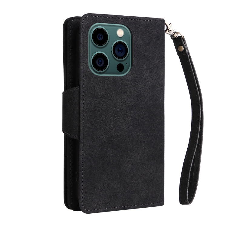 For iPhone 14 Pro Max Rivet Buckle 9 Cards Three Fold Leather Phone Case