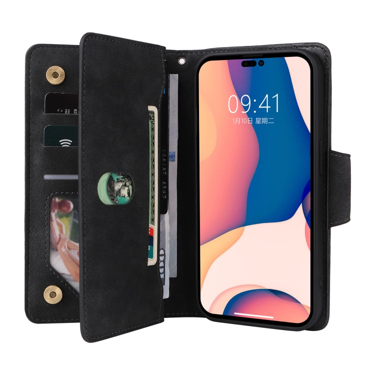 For iPhone 14 Pro Max Rivet Buckle 9 Cards Three Fold Leather Phone Case