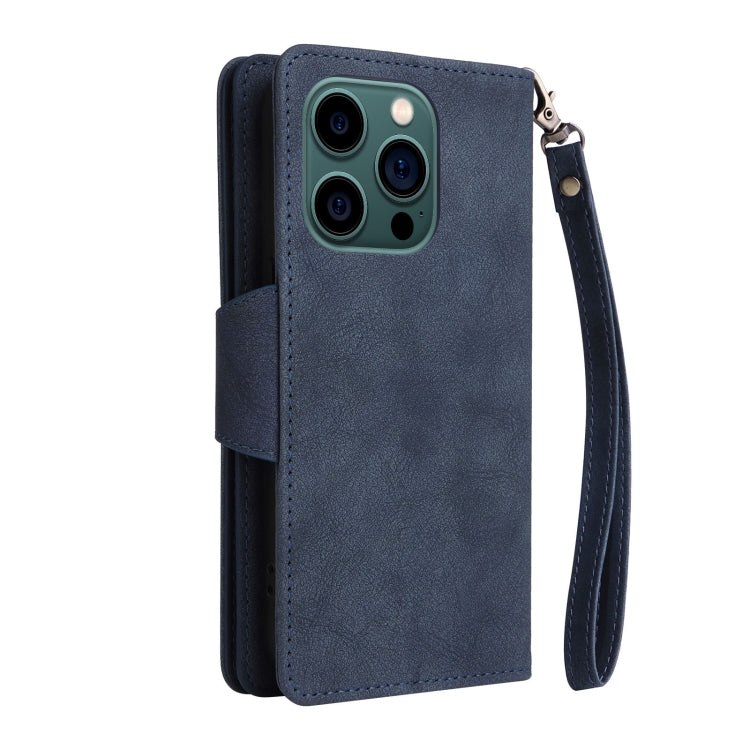 For iPhone 14 Pro Max Rivet Buckle 9 Cards Three Fold Leather Phone Case