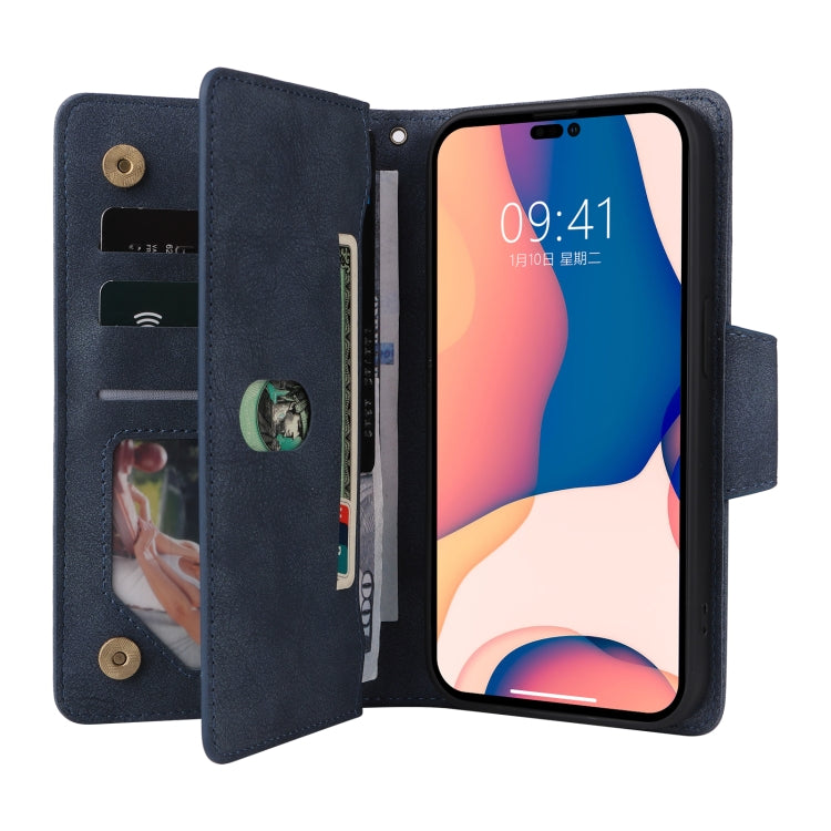 For iPhone 14 Pro Max Rivet Buckle 9 Cards Three Fold Leather Phone Case