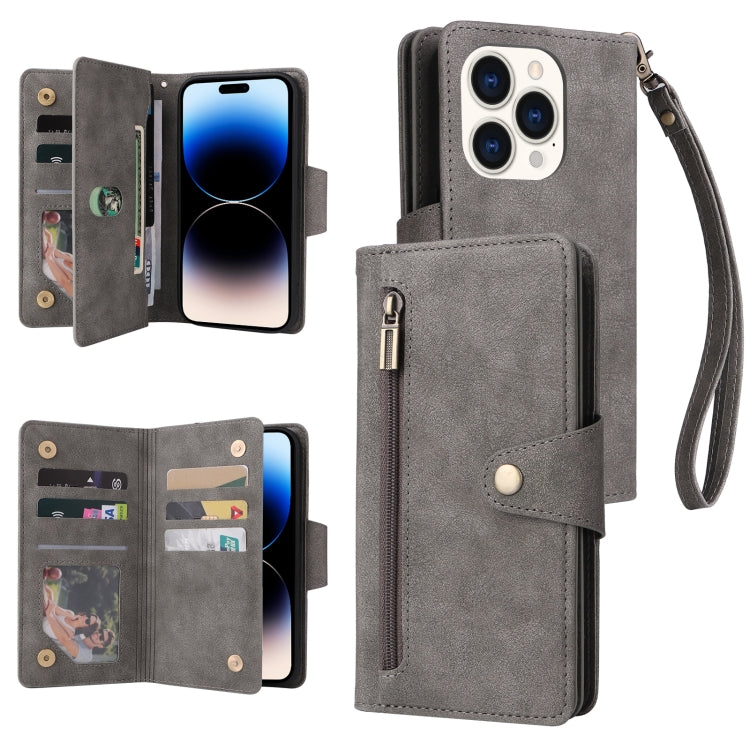 For iPhone 14 Pro Max Rivet Buckle 9 Cards Three Fold Leather Phone Case