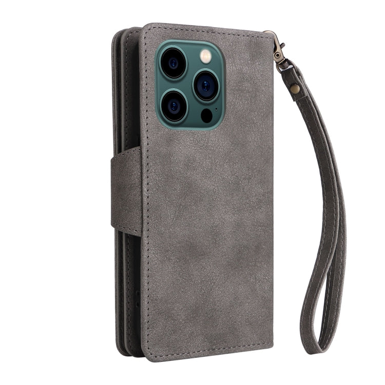 For iPhone 14 Pro Max Rivet Buckle 9 Cards Three Fold Leather Phone Case