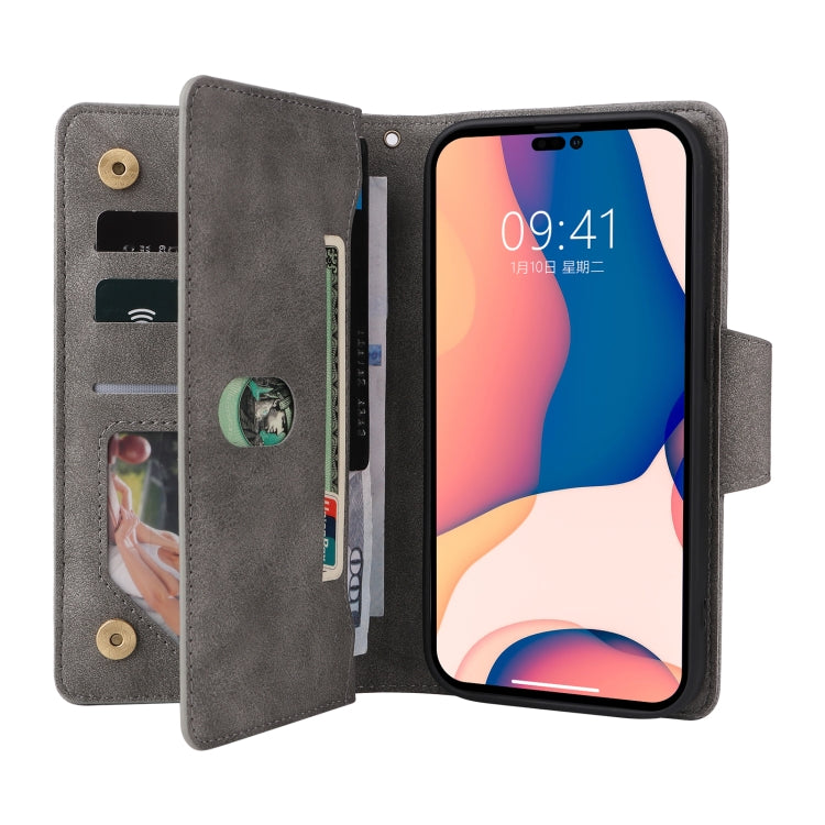 For iPhone 14 Pro Max Rivet Buckle 9 Cards Three Fold Leather Phone Case