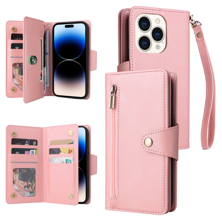 For iPhone 14 Pro Max Rivet Buckle 9 Cards Three Fold Leather Phone Case