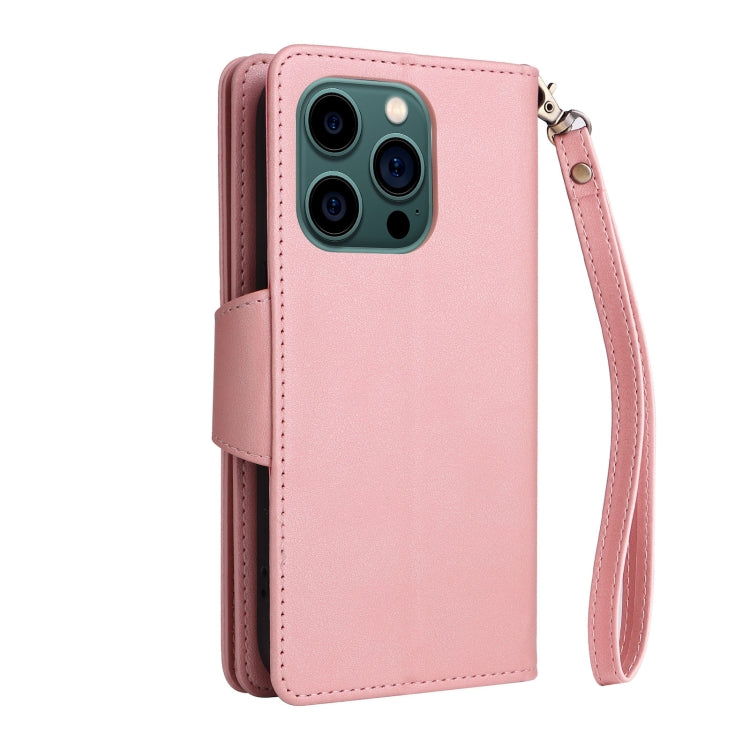 For iPhone 14 Pro Max Rivet Buckle 9 Cards Three Fold Leather Phone Case
