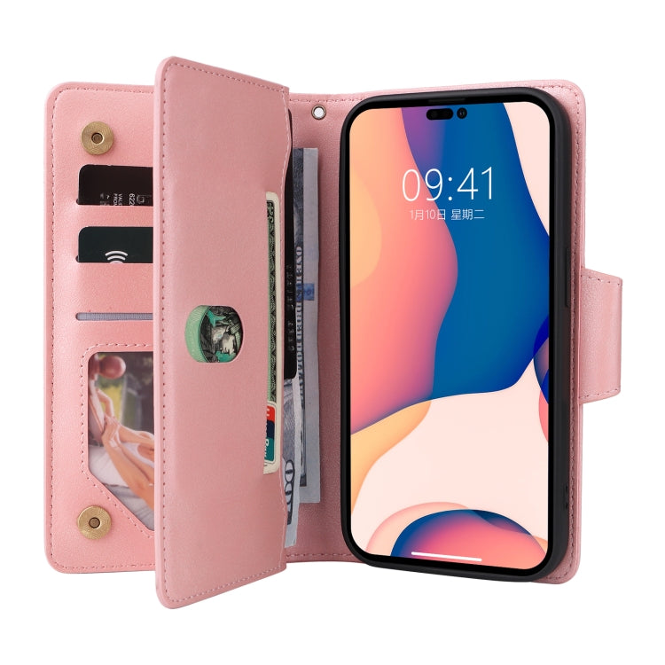 For iPhone 14 Pro Max Rivet Buckle 9 Cards Three Fold Leather Phone Case