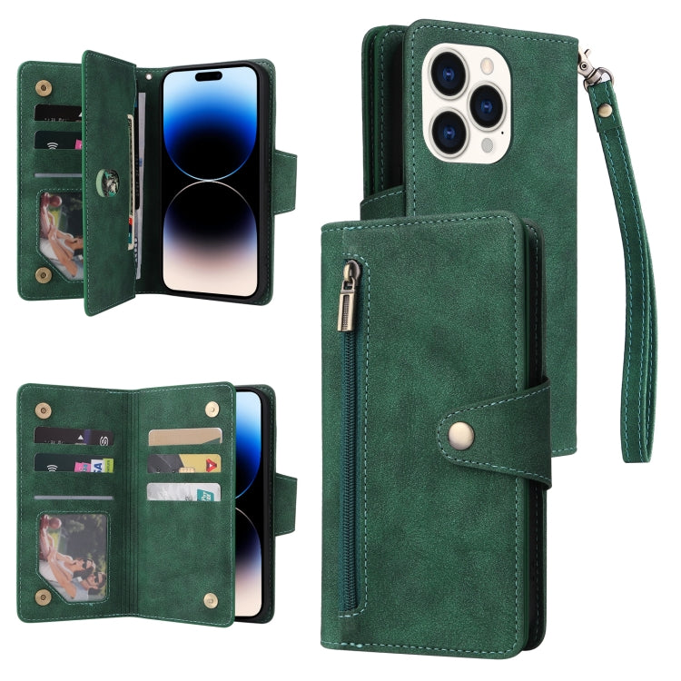 For iPhone 14 Pro Max Rivet Buckle 9 Cards Three Fold Leather Phone Case
