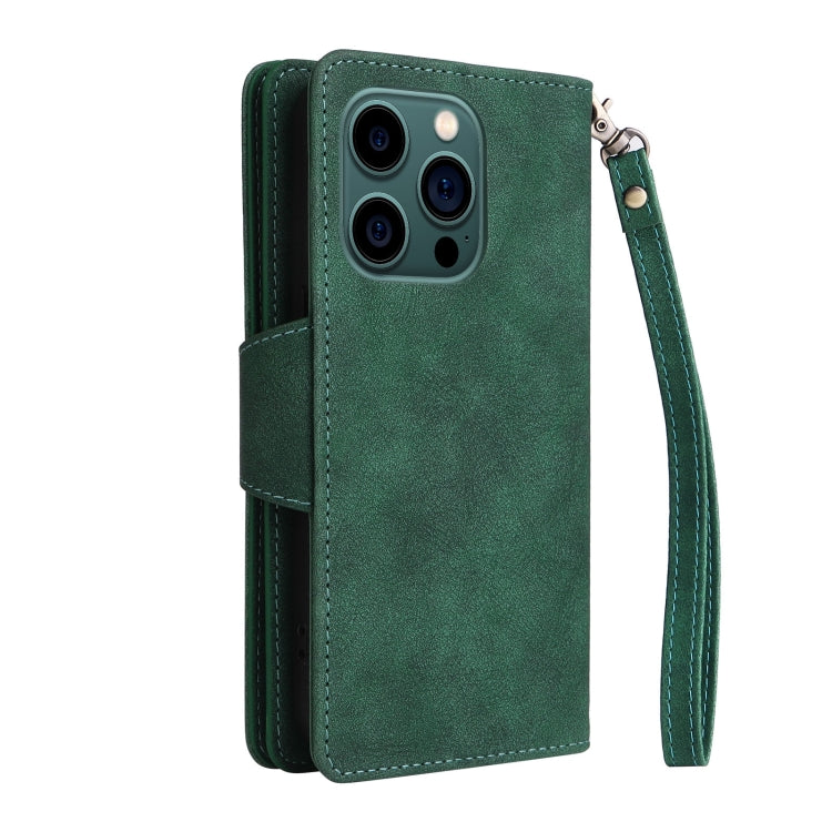 For iPhone 14 Pro Max Rivet Buckle 9 Cards Three Fold Leather Phone Case