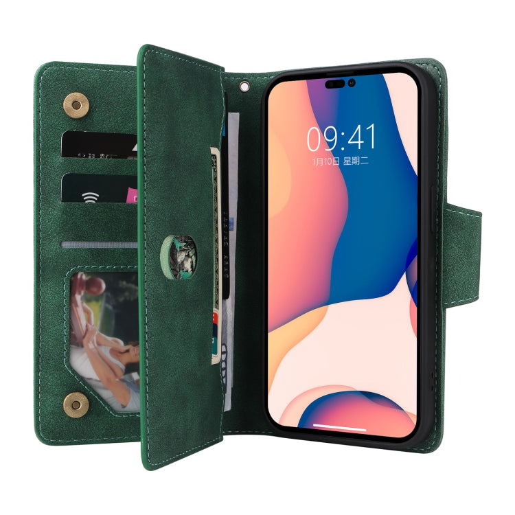 For iPhone 14 Pro Max Rivet Buckle 9 Cards Three Fold Leather Phone Case