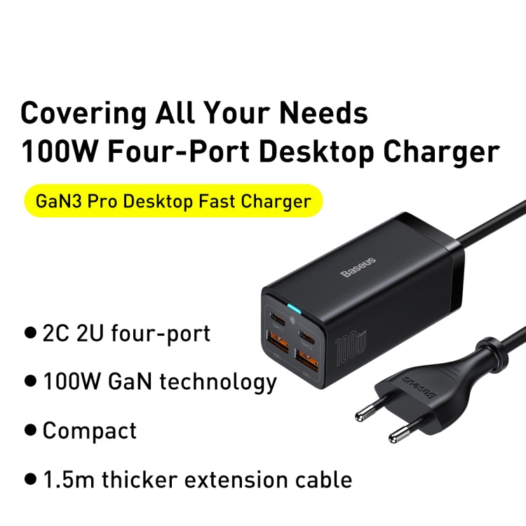 Baseus GaN3 Pro 100W Dual USB + Dual USB-C / Type-C GaN Desktop Fast Charger, EU Plug(Black)