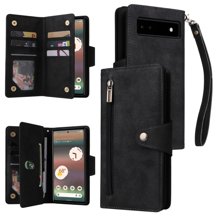For Google Pixel 6a Rivet Buckle 9 Cards Three Fold Leather Phone Case