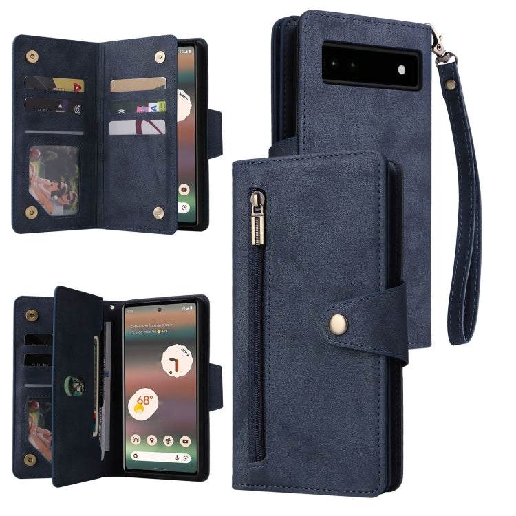 For Google Pixel 6a Rivet Buckle 9 Cards Three Fold Leather Phone Case