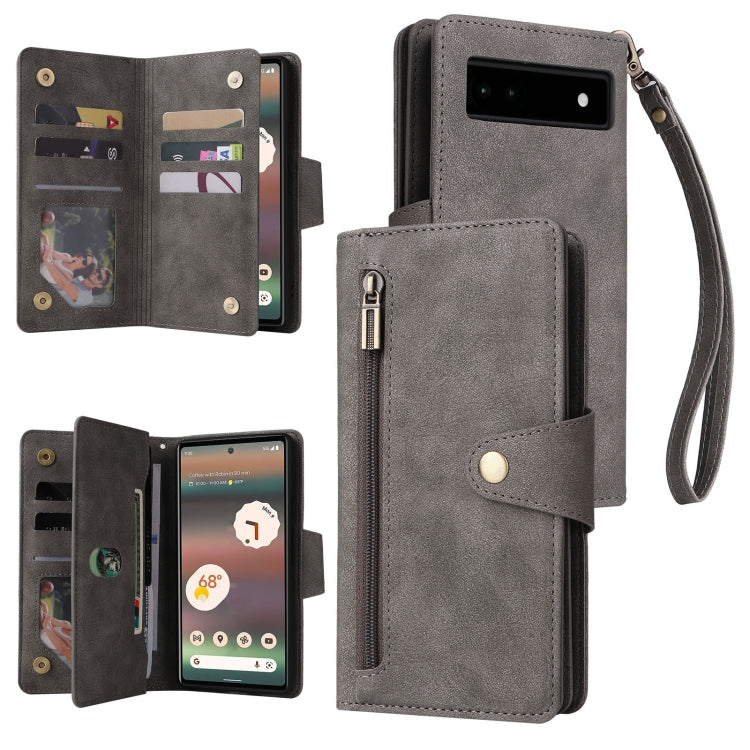 For Google Pixel 6a Rivet Buckle 9 Cards Three Fold Leather Phone Case