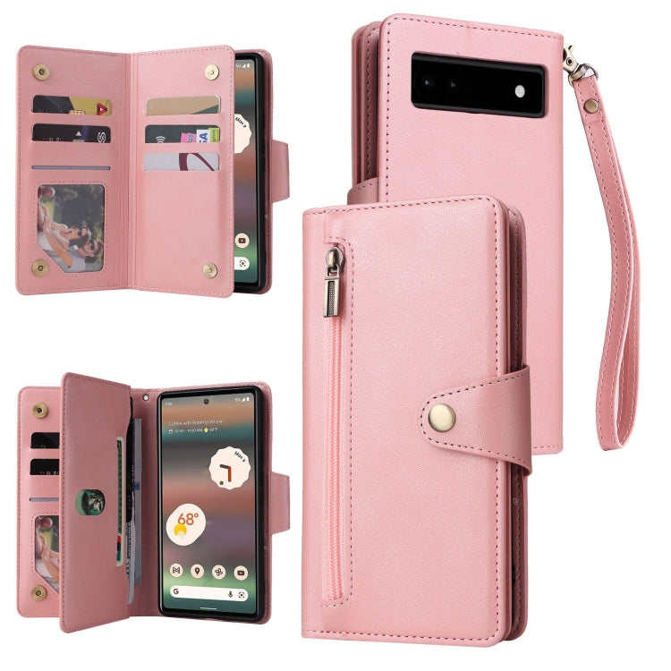 For Google Pixel 6a Rivet Buckle 9 Cards Three Fold Leather Phone Case