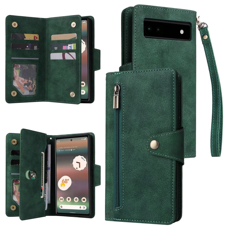 For Google Pixel 6a Rivet Buckle 9 Cards Three Fold Leather Phone Case