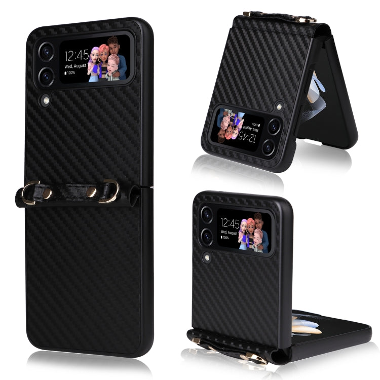 For Samsung Galaxy Z Flip4 Carbon Fiber Texture Phone Case With Lanyard