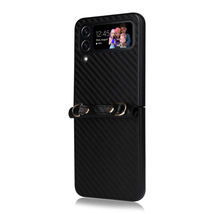 For Samsung Galaxy Z Flip4 Carbon Fiber Texture Phone Case With Lanyard