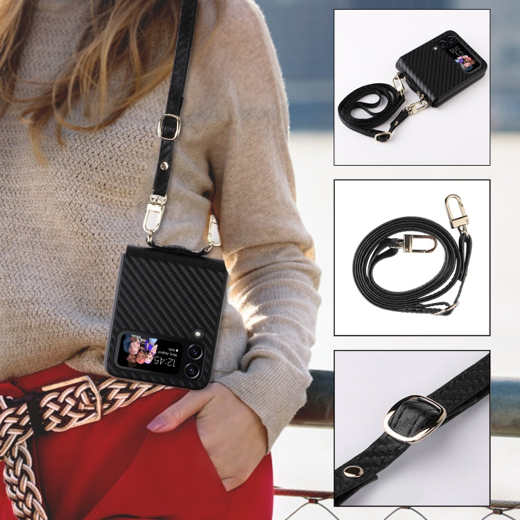 For Samsung Galaxy Z Flip4 Carbon Fiber Texture Phone Case With Lanyard