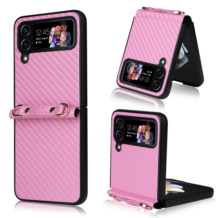 For Samsung Galaxy Z Flip4 Carbon Fiber Texture Phone Case With Lanyard