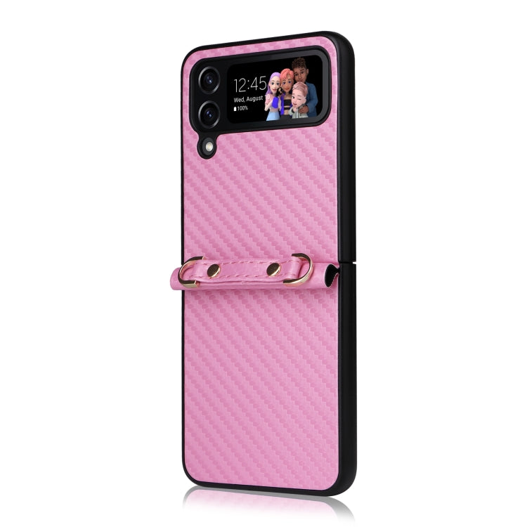 For Samsung Galaxy Z Flip4 Carbon Fiber Texture Phone Case With Lanyard