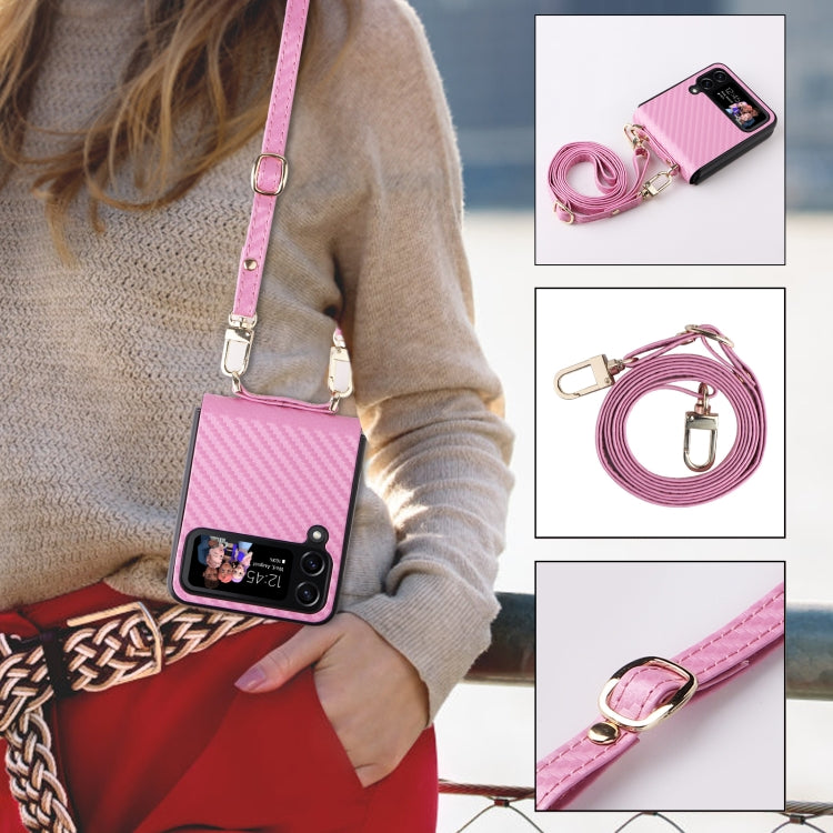 For Samsung Galaxy Z Flip4 Carbon Fiber Texture Phone Case With Lanyard