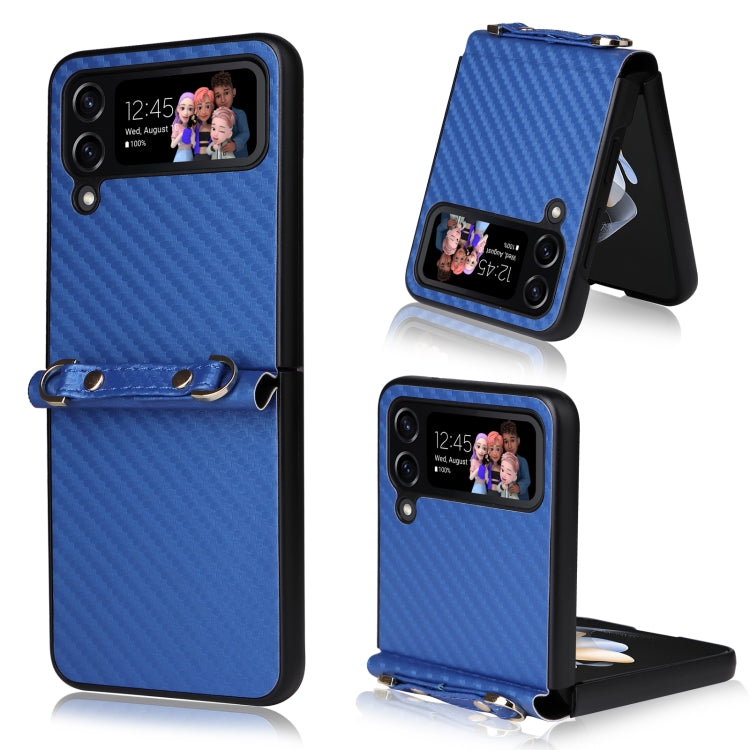 For Samsung Galaxy Z Flip4 Carbon Fiber Texture Phone Case With Lanyard