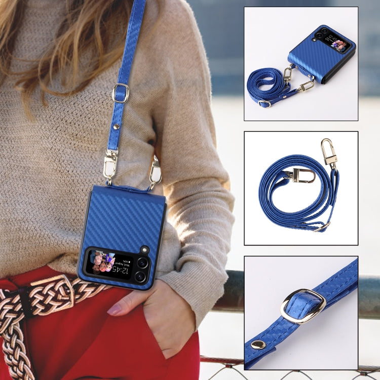 For Samsung Galaxy Z Flip4 Carbon Fiber Texture Phone Case With Lanyard
