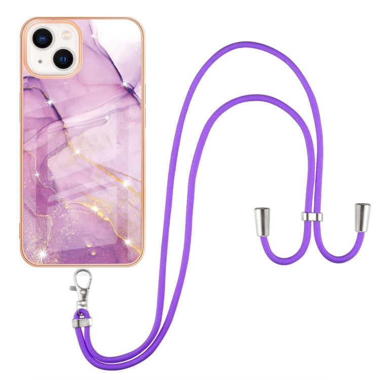 For iPhone 14 Electroplating Marble Pattern IMD TPU Shockproof Case with Neck Lanyard