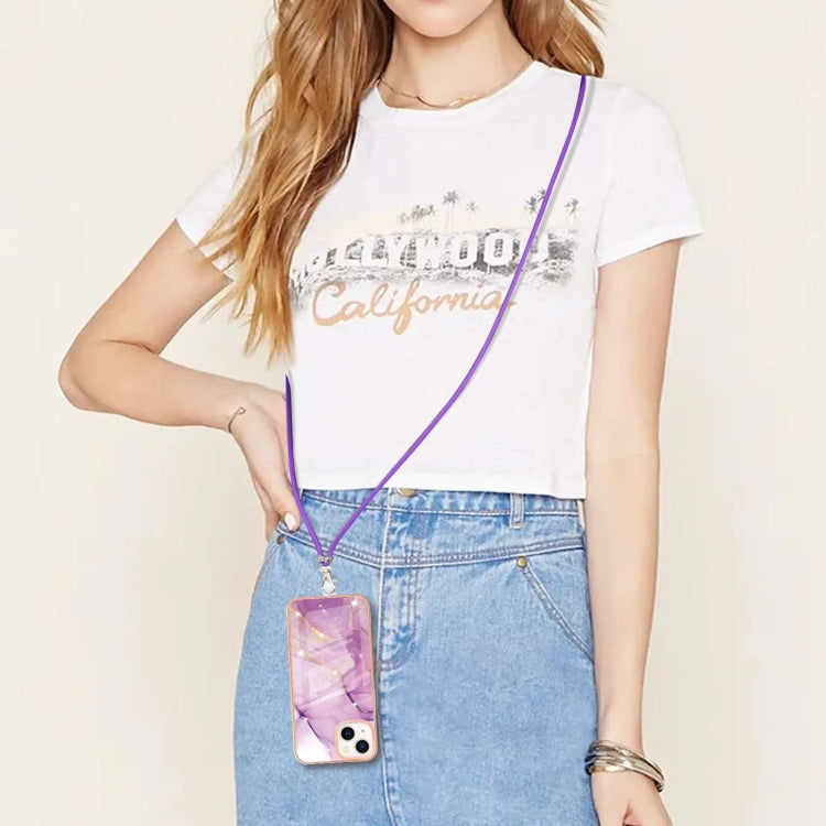 For iPhone 14 Electroplating Marble Pattern IMD TPU Shockproof Case with Neck Lanyard
