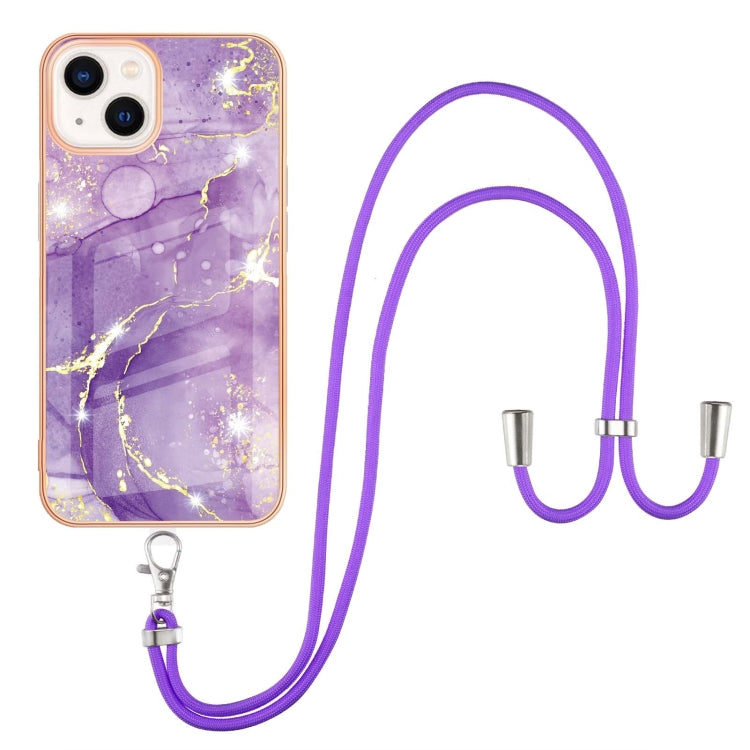 For iPhone 14 Electroplating Marble Pattern IMD TPU Shockproof Case with Neck Lanyard