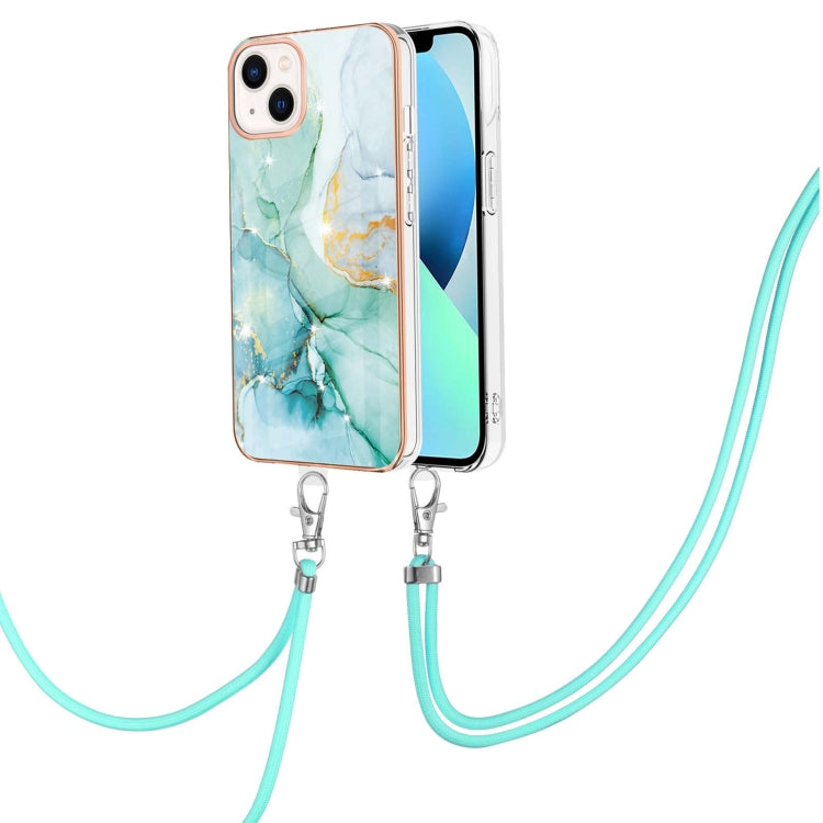 For iPhone 14 Electroplating Marble Pattern IMD TPU Shockproof Case with Neck Lanyard