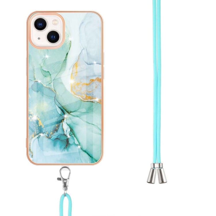 For iPhone 14 Electroplating Marble Pattern IMD TPU Shockproof Case with Neck Lanyard