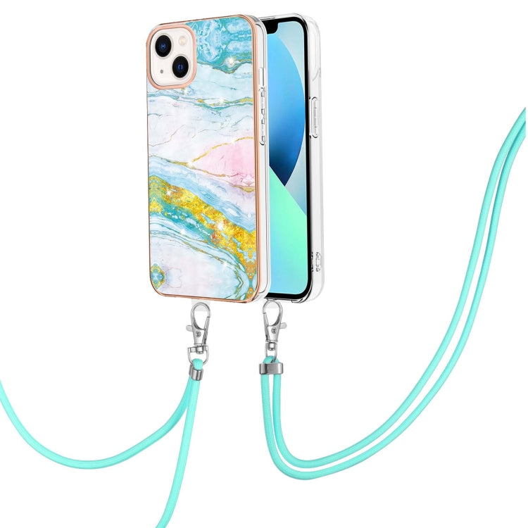 For iPhone 14 Electroplating Marble Pattern IMD TPU Shockproof Case with Neck Lanyard