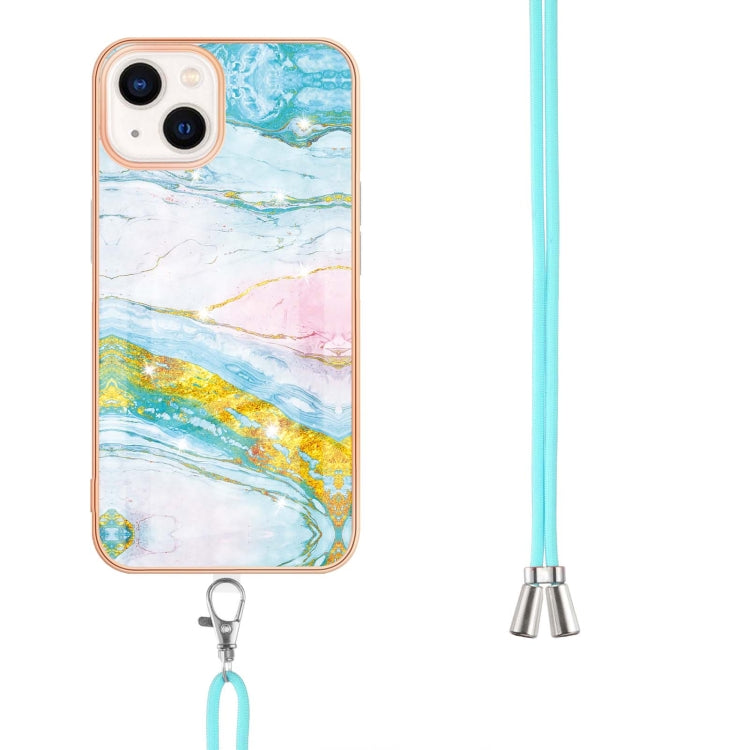 For iPhone 14 Electroplating Marble Pattern IMD TPU Shockproof Case with Neck Lanyard