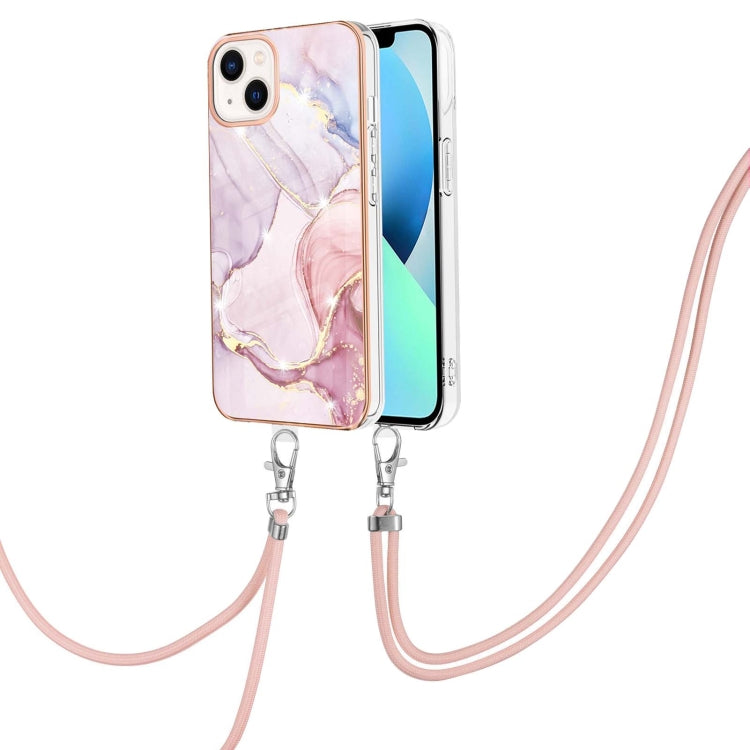 For iPhone 14 Electroplating Marble Pattern IMD TPU Shockproof Case with Neck Lanyard