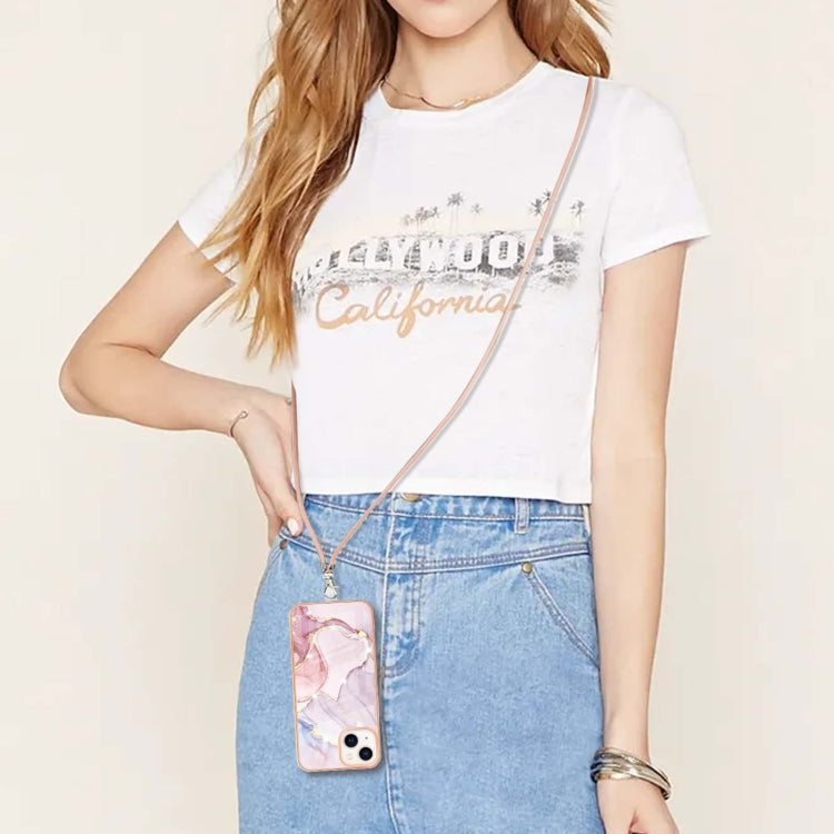 For iPhone 14 Electroplating Marble Pattern IMD TPU Shockproof Case with Neck Lanyard