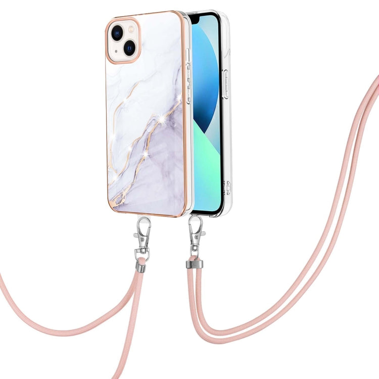 For iPhone 14 Electroplating Marble Pattern IMD TPU Shockproof Case with Neck Lanyard
